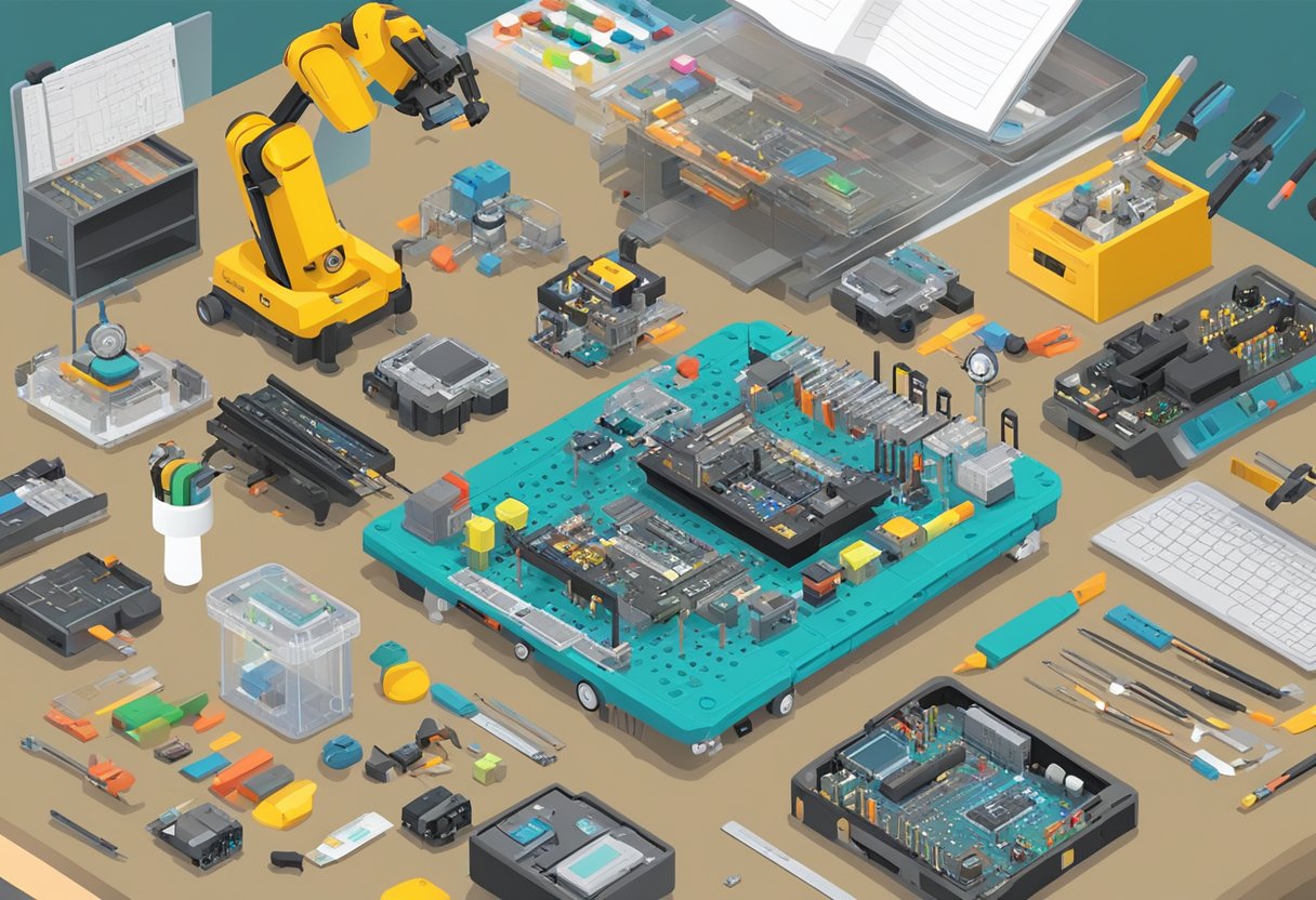 Guide to Teaching Robotics Introduction: A Friendly Approach for Beginners Teaching Robotics,education LearningMole A table with various robotics kits, a book titled "Choosing the Right Robotics Kits Guide to Teaching Robotics" open, surrounded by tools and electronic components