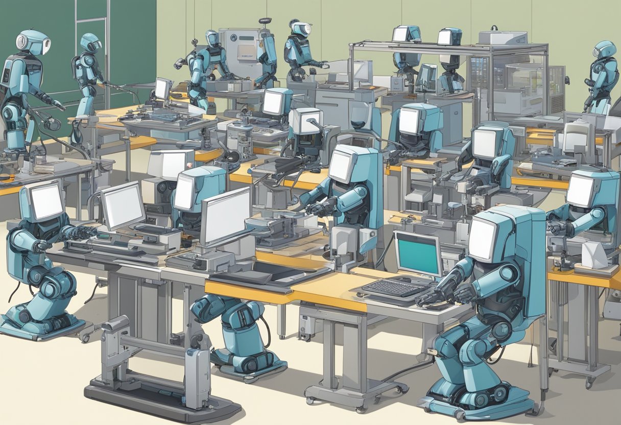 Guide to Teaching Robotics Introduction: A Friendly Approach for Beginners Teaching Robotics,education LearningMole A diverse array of robots performing tasks in different settings, such as manufacturing, healthcare, and education, with various tools and equipment