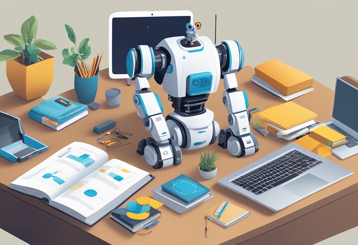 Guide to Teaching Robotics Introduction: A Friendly Approach for Beginners Teaching Robotics,education LearningMole A table with a stack of robotics textbooks, a laptop open to a teaching guide, and a robot kit with various components scattered around