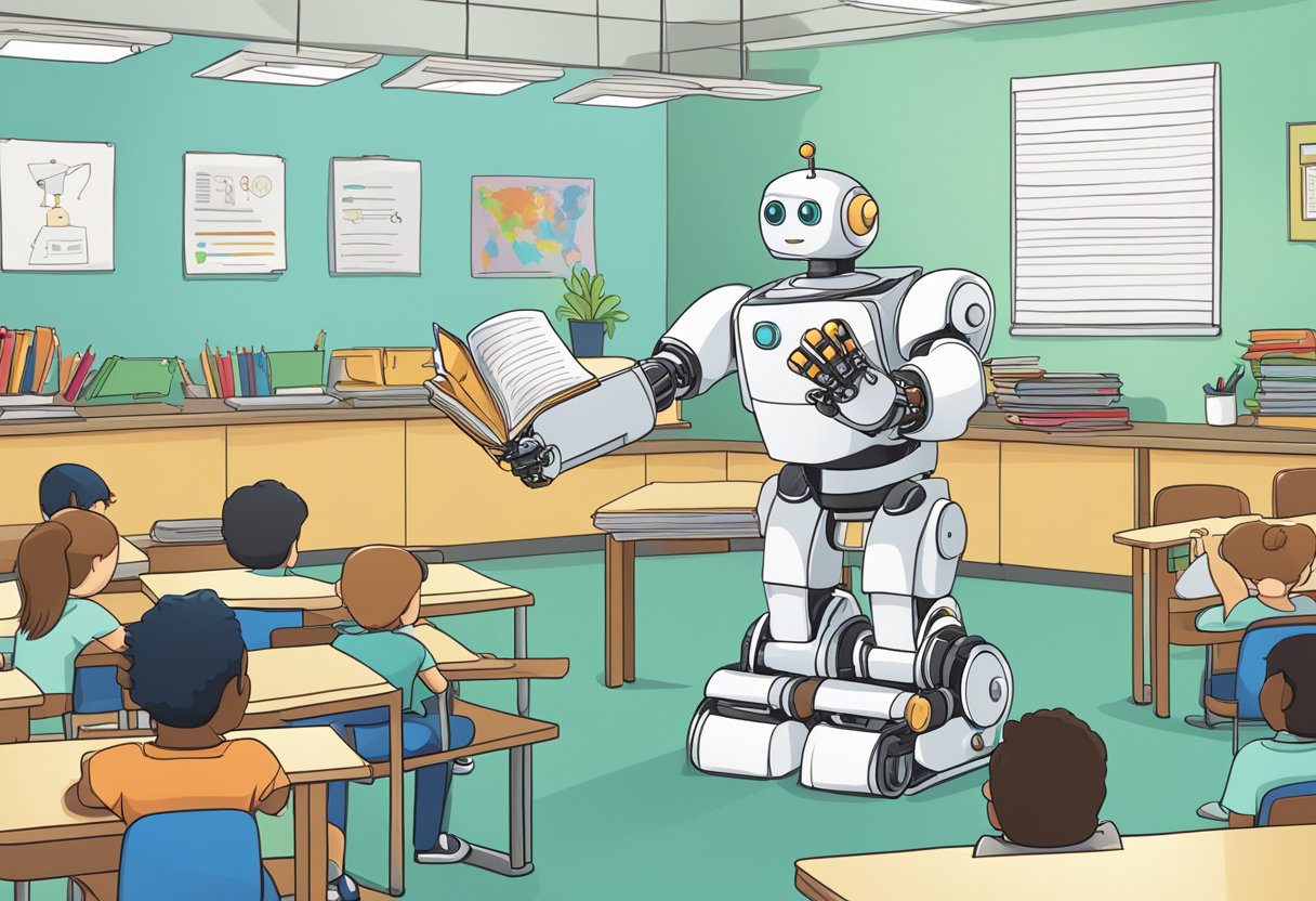 Guide to Teaching Robotics Introduction: A Friendly Approach for Beginners Teaching Robotics,education LearningMole A robot arm holds a book titled "Frequently Asked Questions Guide to Teaching Robotics" in front of a classroom filled with students and a teacher