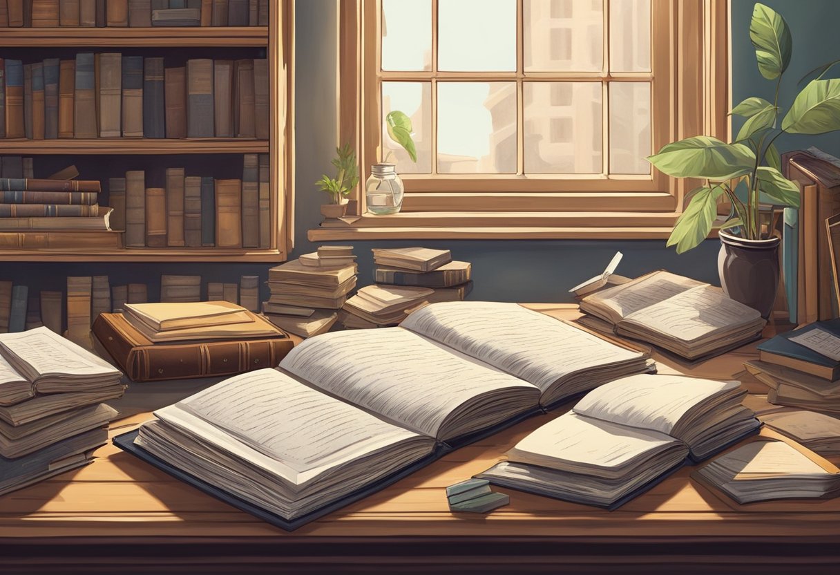 Guide to Teaching Poetry and Rhymes: Sparking Classroom Creativity Poetry and Rhymes,classroom,rhyme LearningMole A cluttered desk with open books, quill pens, and scattered papers. A shelf filled with classic poetry collections and a window with soft natural light