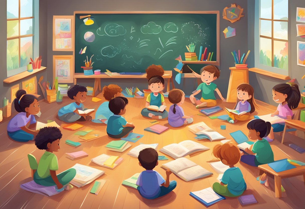 Teaching Poetry and Rhymes: Simple Techniques for Engaging Students Teaching Poetry,rhyme LearningMole A cozy classroom with colorful art supplies and a chalkboard filled with playful doodles. A group of children sit on the floor, eagerly sharing their poetry and rhymes