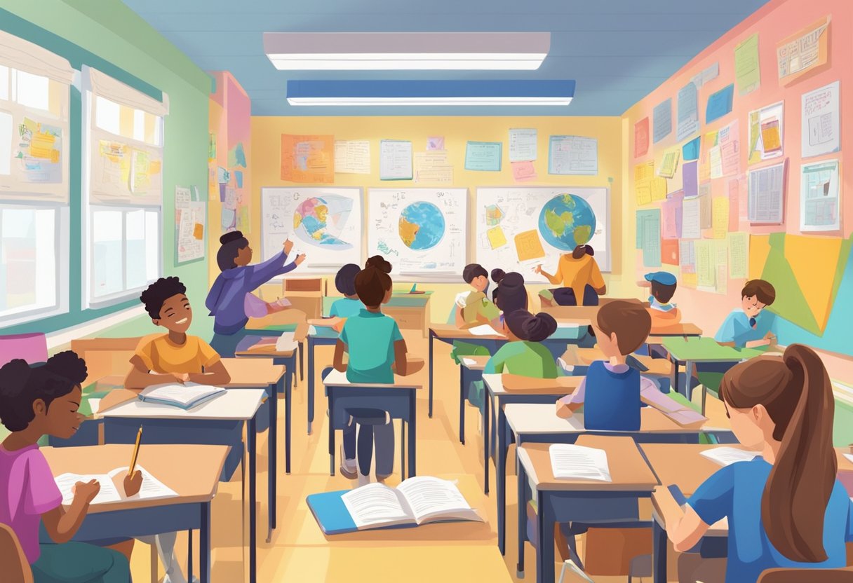 A classroom with students engaged in various writing activities, surrounded by colorful posters and writing prompts on the walls
