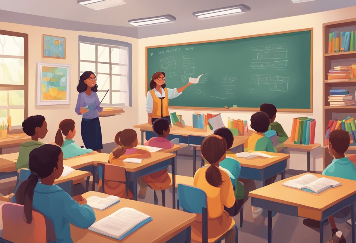 Teaching Poetry and Rhymes: Simple Techniques for Engaging Students Teaching Poetry,rhyme LearningMole A cozy classroom with colorful posters, shelves of poetry books, and a teacher leading a group of students in a lively poetry recitation