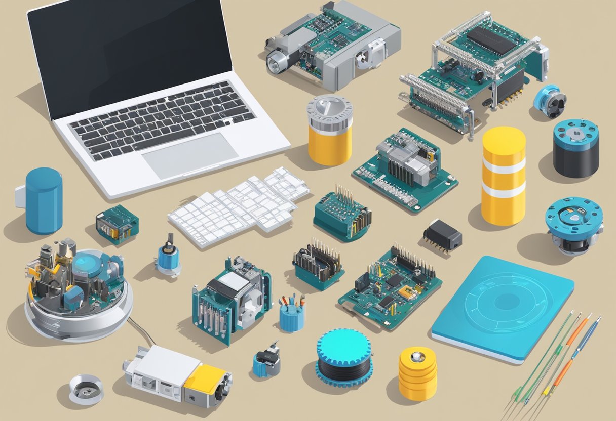 Guide to Teaching Robotics Introduction: A Friendly Approach Teaching Robotics,stem,robots LearningMole A table with various robotics components and tools, including microcontrollers, sensors, and motors. A laptop displaying code and diagrams