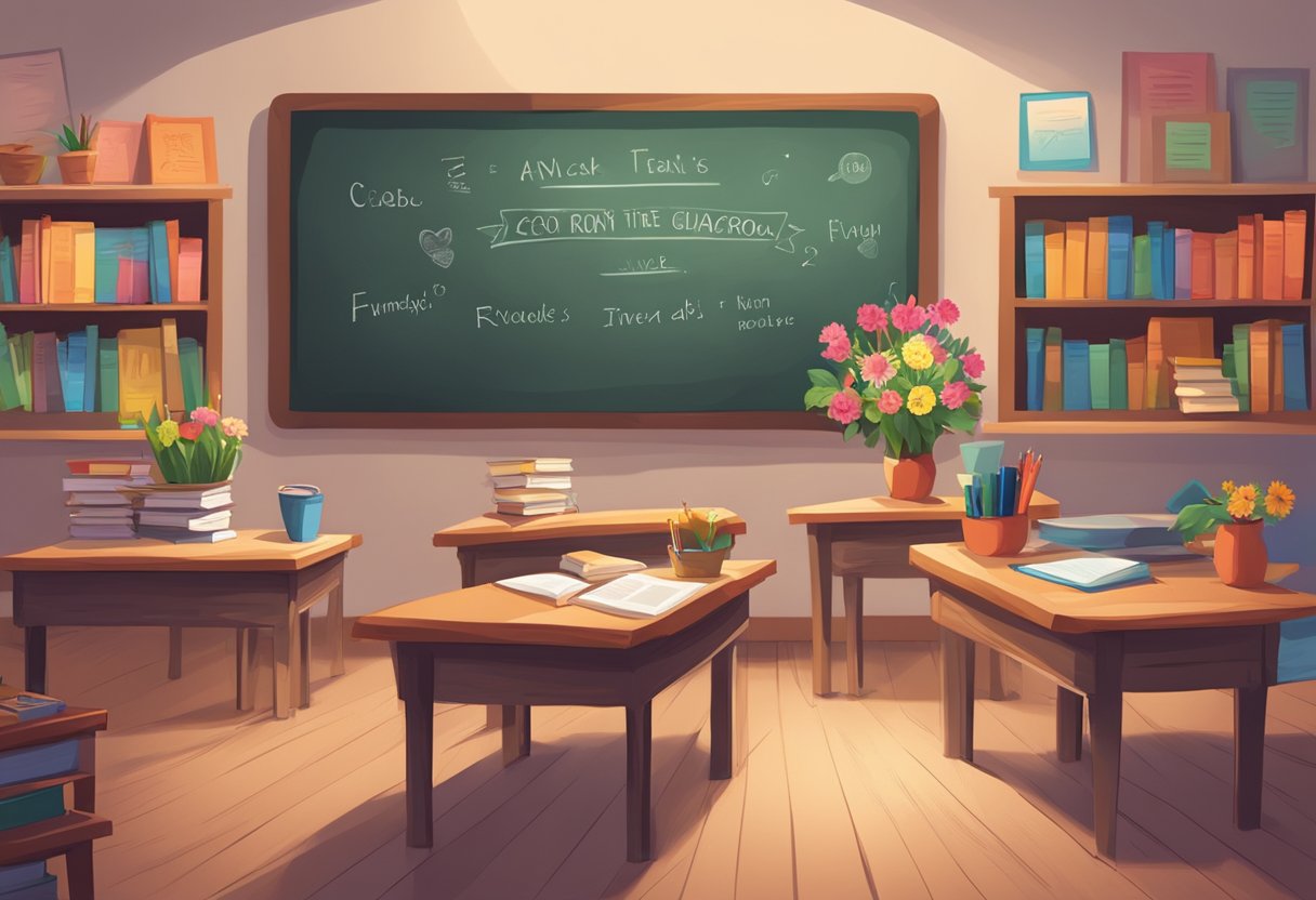 A cozy classroom with a chalkboard filled with rhymes and poetry examples, colorful posters on the walls, and a teacher's desk with stacks of books and a vase of fresh flowers