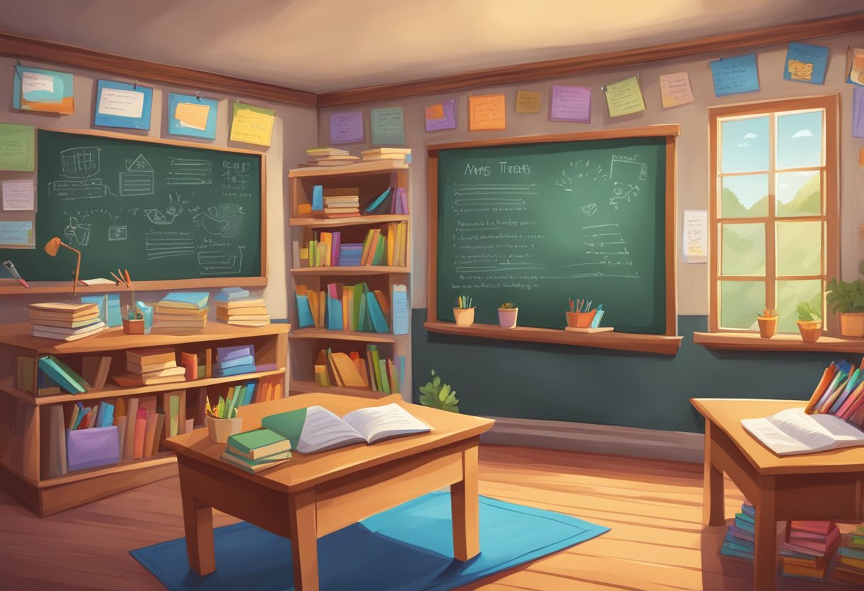 A cozy classroom with a chalkboard filled with rhymes and poetry examples, surrounded by colorful posters and books on teaching strategies