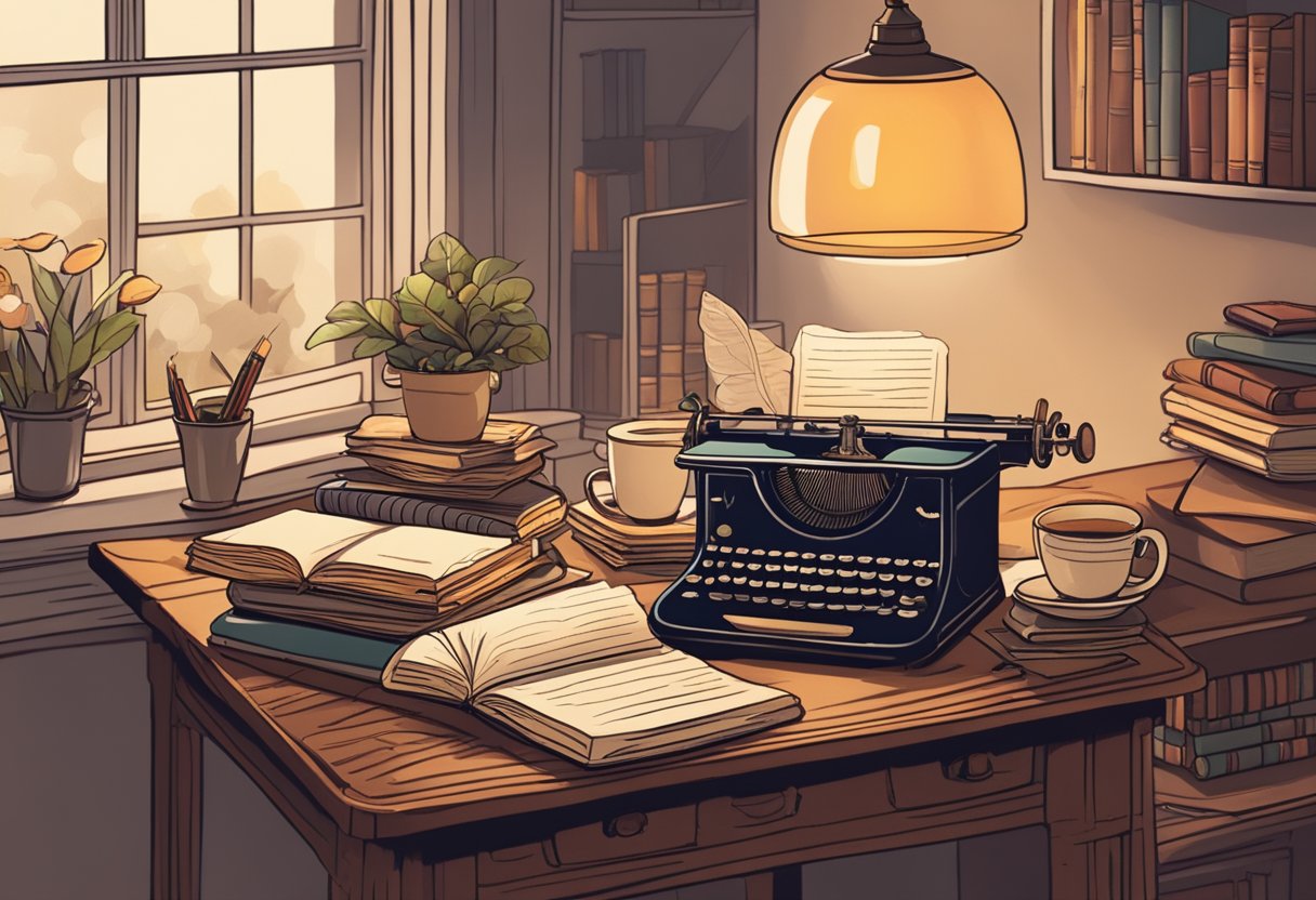 A cozy, cluttered desk with a stack of poetry books, a quill pen, and a vintage typewriter. A warm, inviting atmosphere with soft lighting and a mug of tea