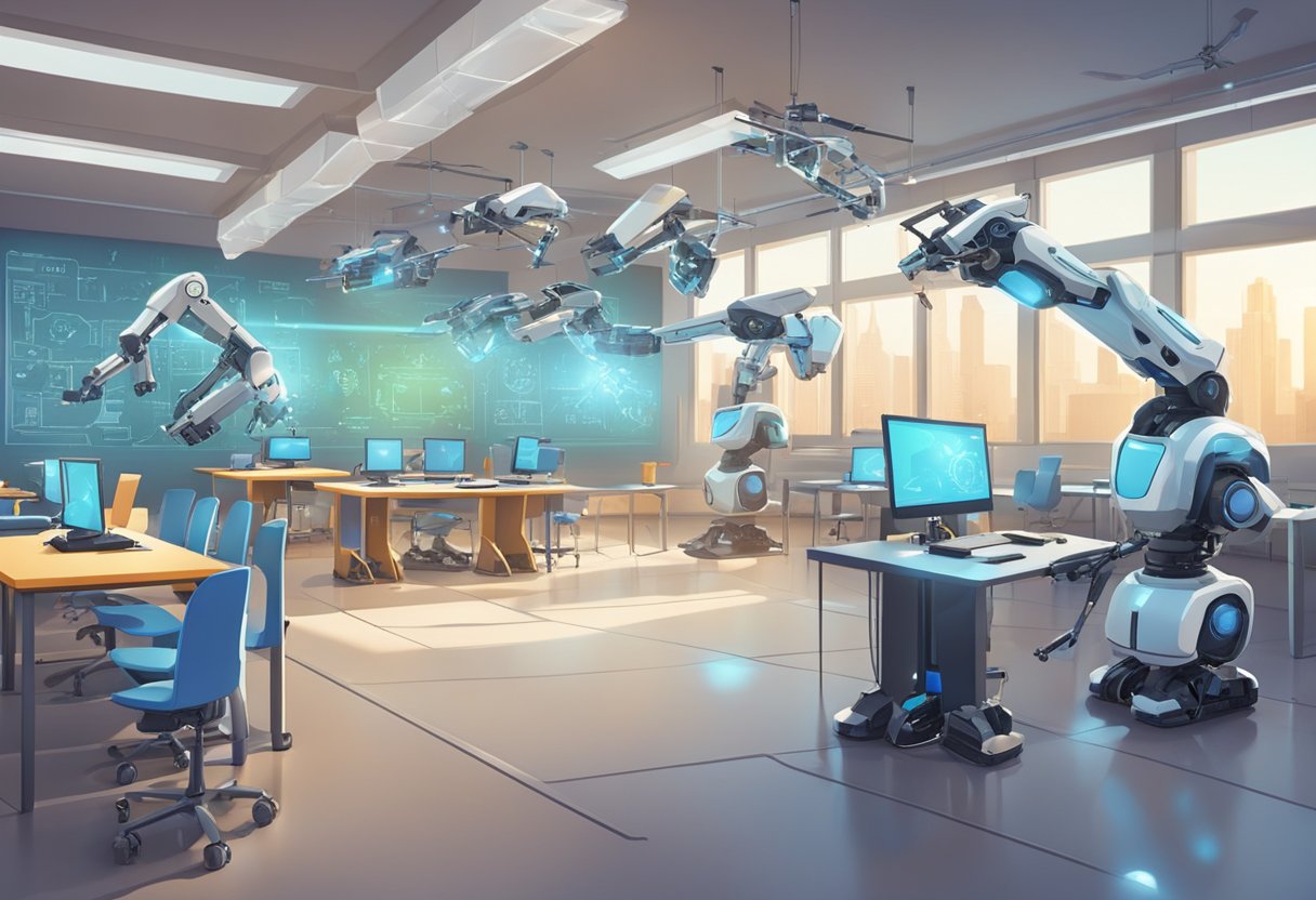 Guide to Teaching Robotics Introduction: A Friendly Approach Teaching Robotics,stem,robots LearningMole A futuristic classroom with various robotics equipment, including drones, robotic arms, and sensors on the walls