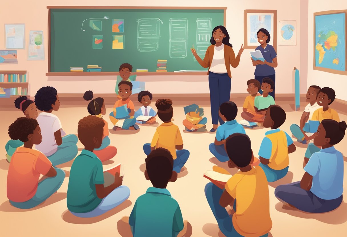 A group of diverse students sit in a circle, eagerly listening as a teacher recites poetry. Books and colorful posters adorn the classroom walls