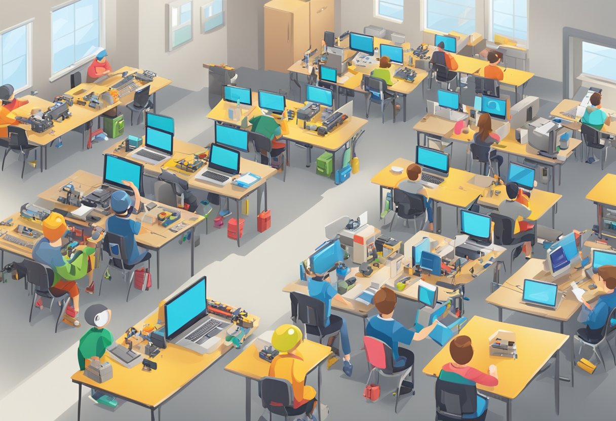 Guide to Teaching Robotics Introduction: A Friendly Approach Teaching Robotics,stem,robots LearningMole A classroom with robotics kits, laptops, and software guides scattered on tables, with students working on building and programming robots
