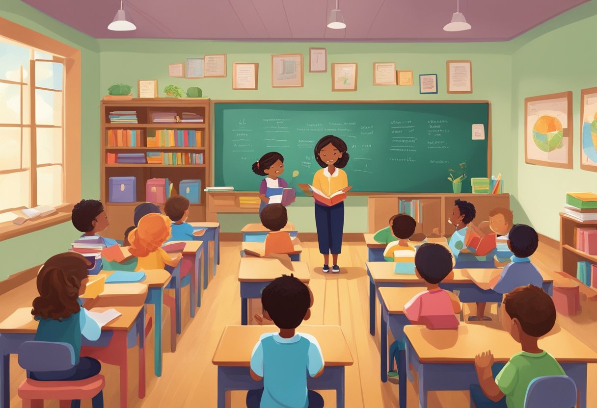 A cozy classroom with children gathered around a teacher reading poetry aloud. Books and colorful illustrations adorn the walls, creating a warm and inviting atmosphere for learning