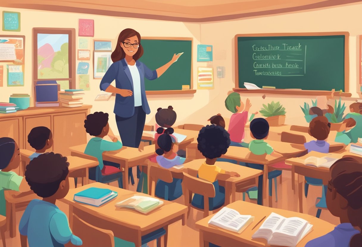 A cozy classroom with bookshelves, colorful posters, and a chalkboard filled with rhymes and poems. A teacher stands at the front, engaging with a group of eager students