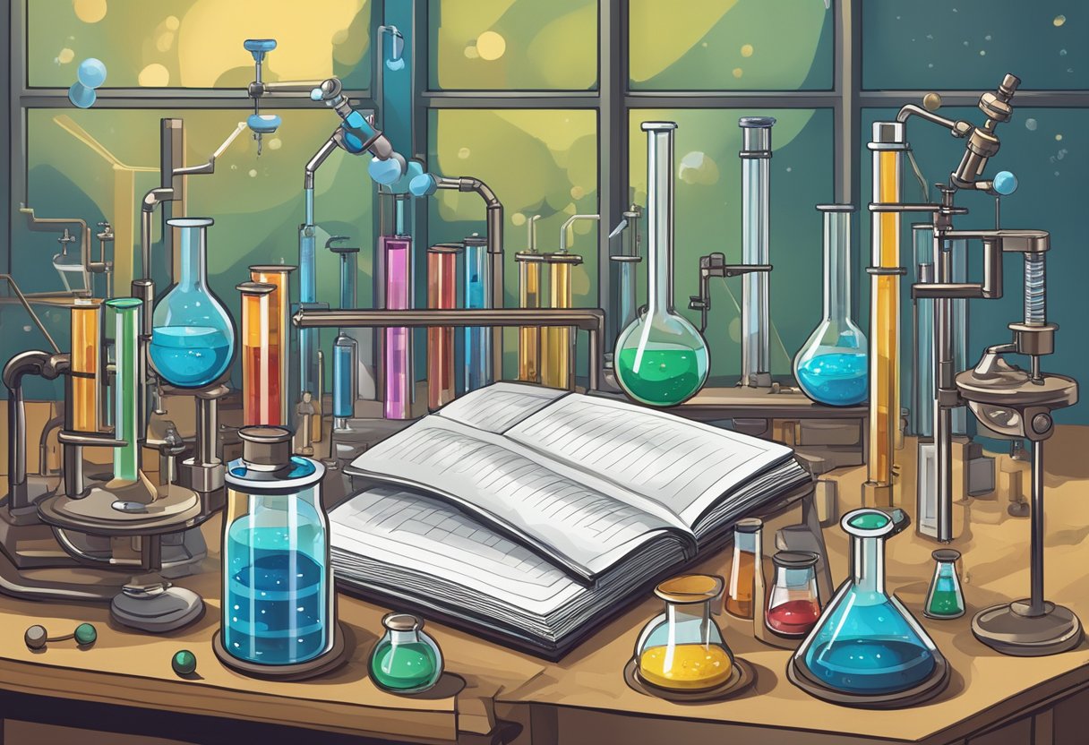 Teaching Basic Chemistry: Simple Strategies for Classroom Success Teaching Basic Chemistry,chemistry LearningMole A laboratory bench with beakers, test tubes, and chemical compounds arranged neatly. A microscope and a textbook titled "Modern Chemistry Frontiers Guide to Teaching Basic Chemistry" are also present
