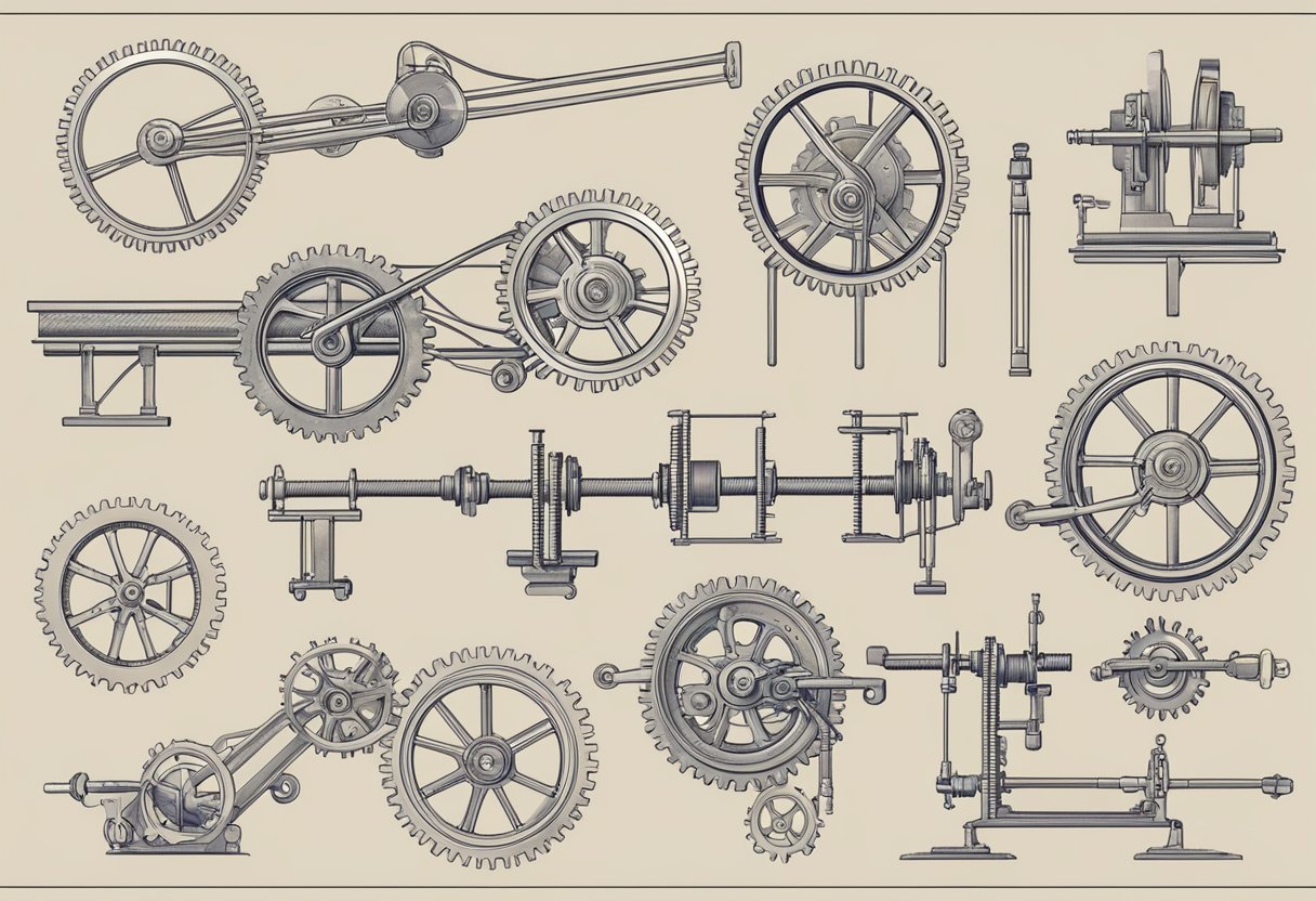 Core Concepts of Physics Made Simple Concepts of Physics,physics LearningMole A collection of gears, pulleys, levers, and inclined planes arranged in a clear and organized manner, illustrating the principles of mechanics in physics