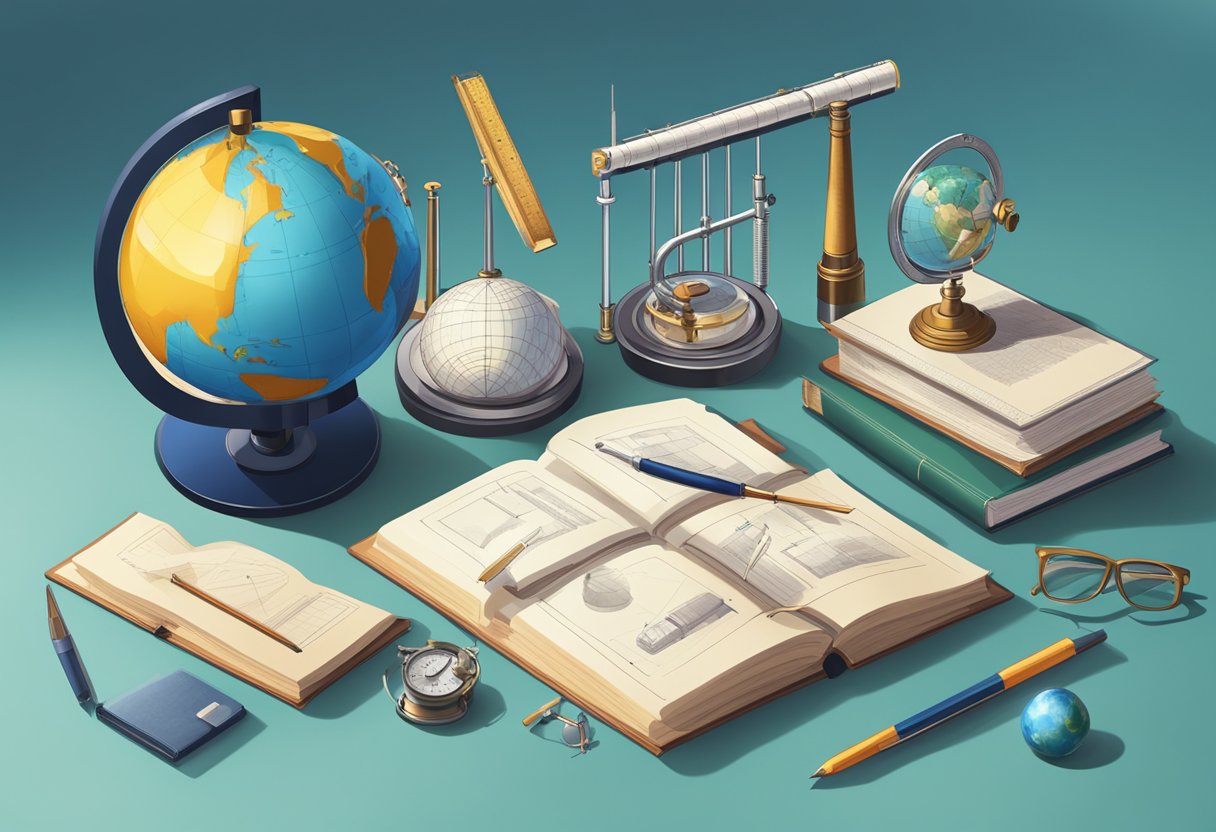 Core Concepts of Physics Made Simple Concepts of Physics,physics LearningMole A collection of scientific instruments and diagrams arranged on a desk, with a globe and a stack of textbooks in the background