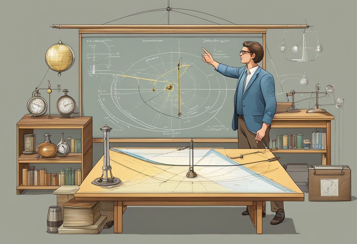 Guide to Teaching Physics Concepts: Making Complex Principles Fun Teaching Physics Concepts,physics education,physics concepts,sound waves,Teaching physics LearningMole A teacher pointing to a diagram of a pendulum, surrounded by various physics equipment and visual aids