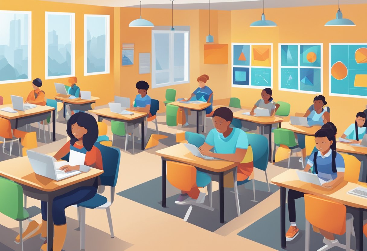 A classroom setting with students using tablets and computers to explore and create symmetrical patterns. Geometric shapes and digital tools are prominently displayed