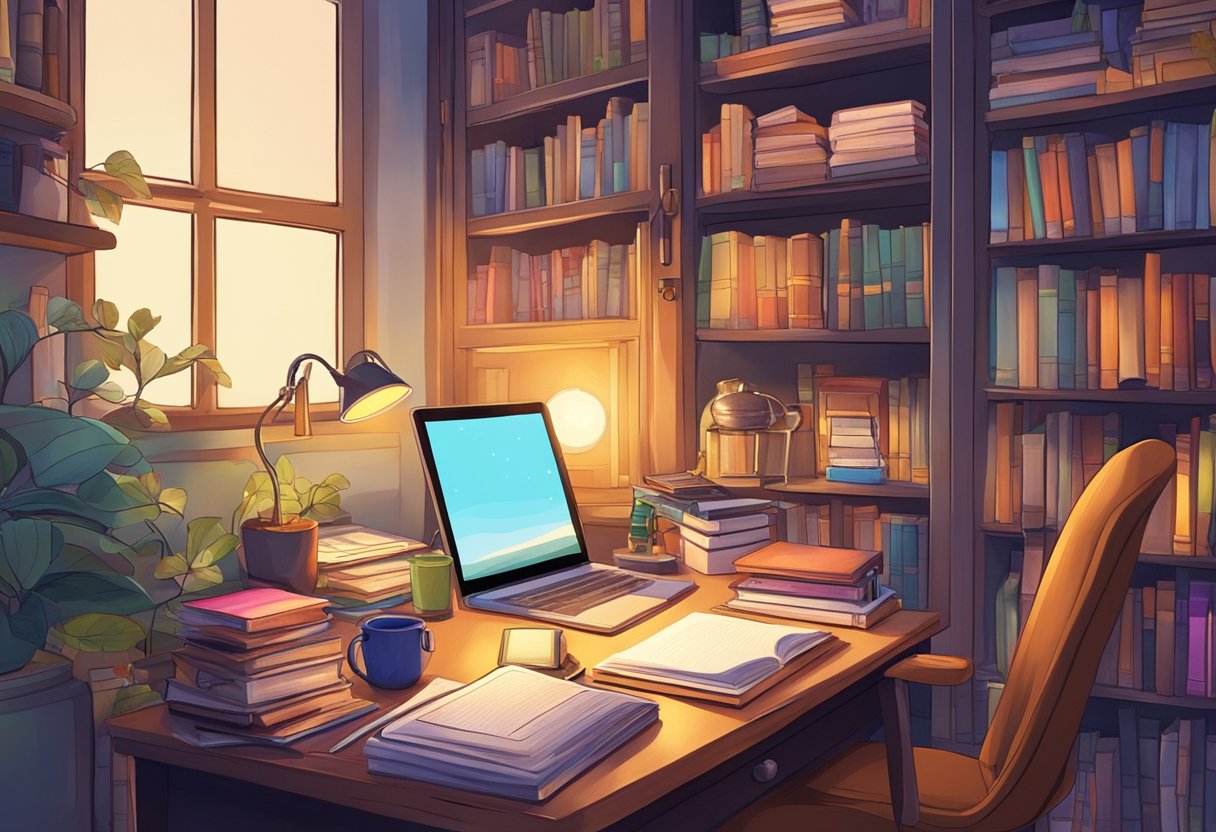 Guide to Teaching Creative Writing - A cozy writing nook with a cluttered desk, shelves of books, and a glowing lamp. A notebook and pen sit ready for inspiration, surrounded by colorful art supplies