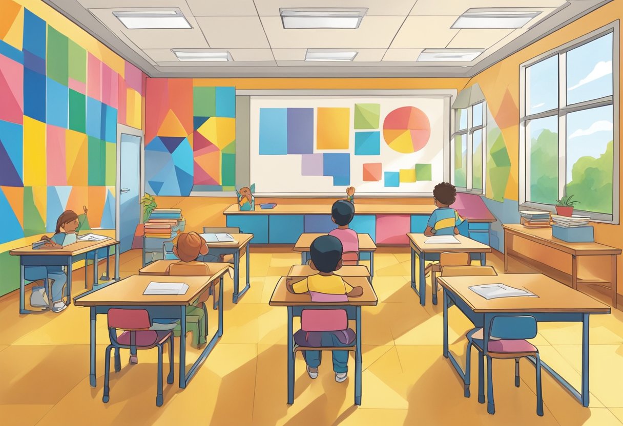 A classroom with colorful geometric shapes on the walls and tables. A teacher demonstrates symmetry using visual aids and students follow along with their own creations