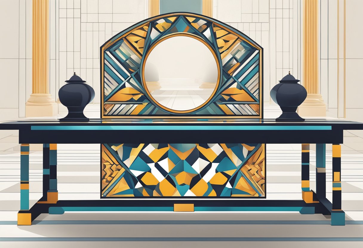 A table with various geometric shapes and patterns, with a mirror placed in the center reflecting the symmetrical arrangement