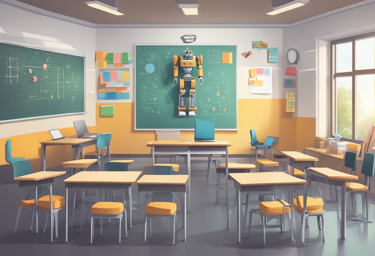 Robotics Introduction: Engaging Young Minds in Technology Teaching Robotics,programming LearningMole Teaching robotics: A classroom with a robotics kit, math textbooks, and problem-solving guides laid out on a table. Posters of mathematical equations and robotic designs decorate the walls