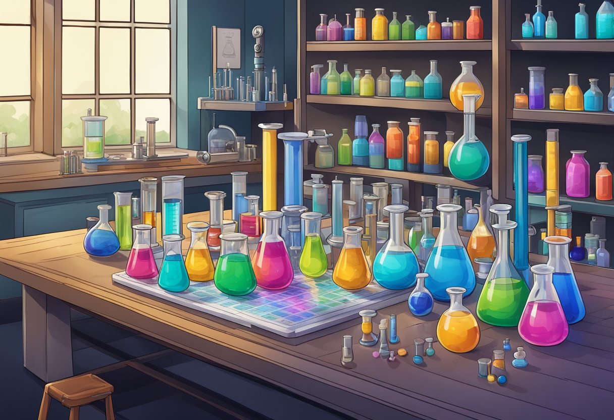 Chemistry Education Basics: Simple Methods for Engaging Students Chemistry Education Basics,Students LearningMole A colorful periodic table surrounded by beakers, test tubes, and chemical compounds, with a microscope and lab equipment in the background