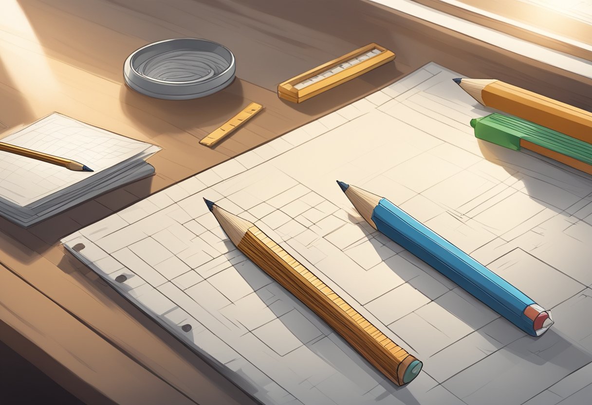 Storyboarding: A pencil, eraser, and ruler lay on a desk beside a storyboard template. A window casts soft light on the tools