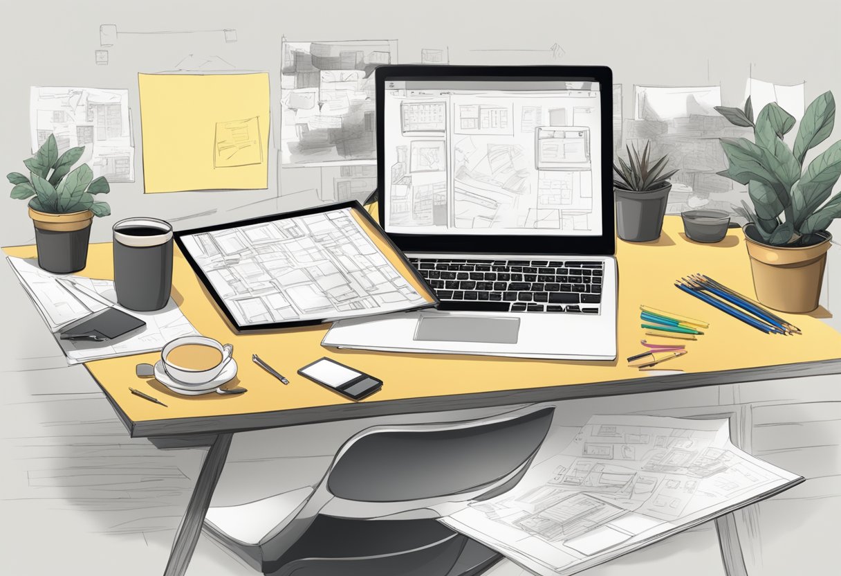 Storyboarding: A cluttered desk with paper, pencils, and a laptop. A storyboard pinned to the wall with sticky notes and sketches. A cup of coffee and a tablet nearby