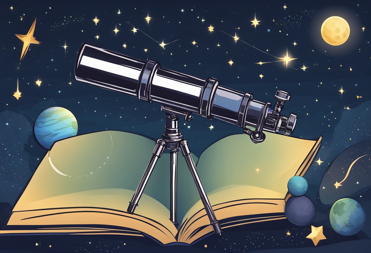 Teaching Astronomy Basics: A telescope pointed at the night sky, with stars, planets, and constellations visible. A book on astronomy basics open nearby