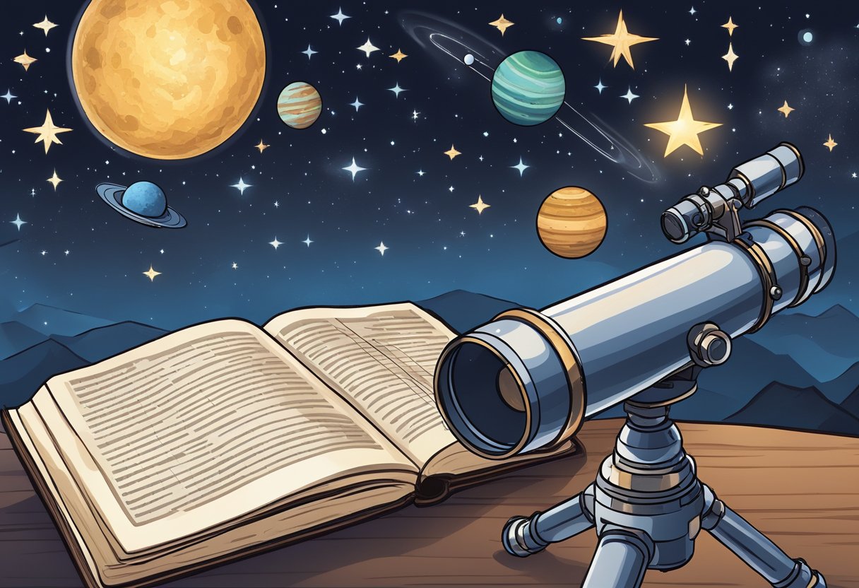 Teaching astronomy basics: A telescope points towards a starry night sky, with planets and constellations visible. A book titled "Astrophysics and Beyond Guide to Teaching Astronomy Basics" sits open nearby