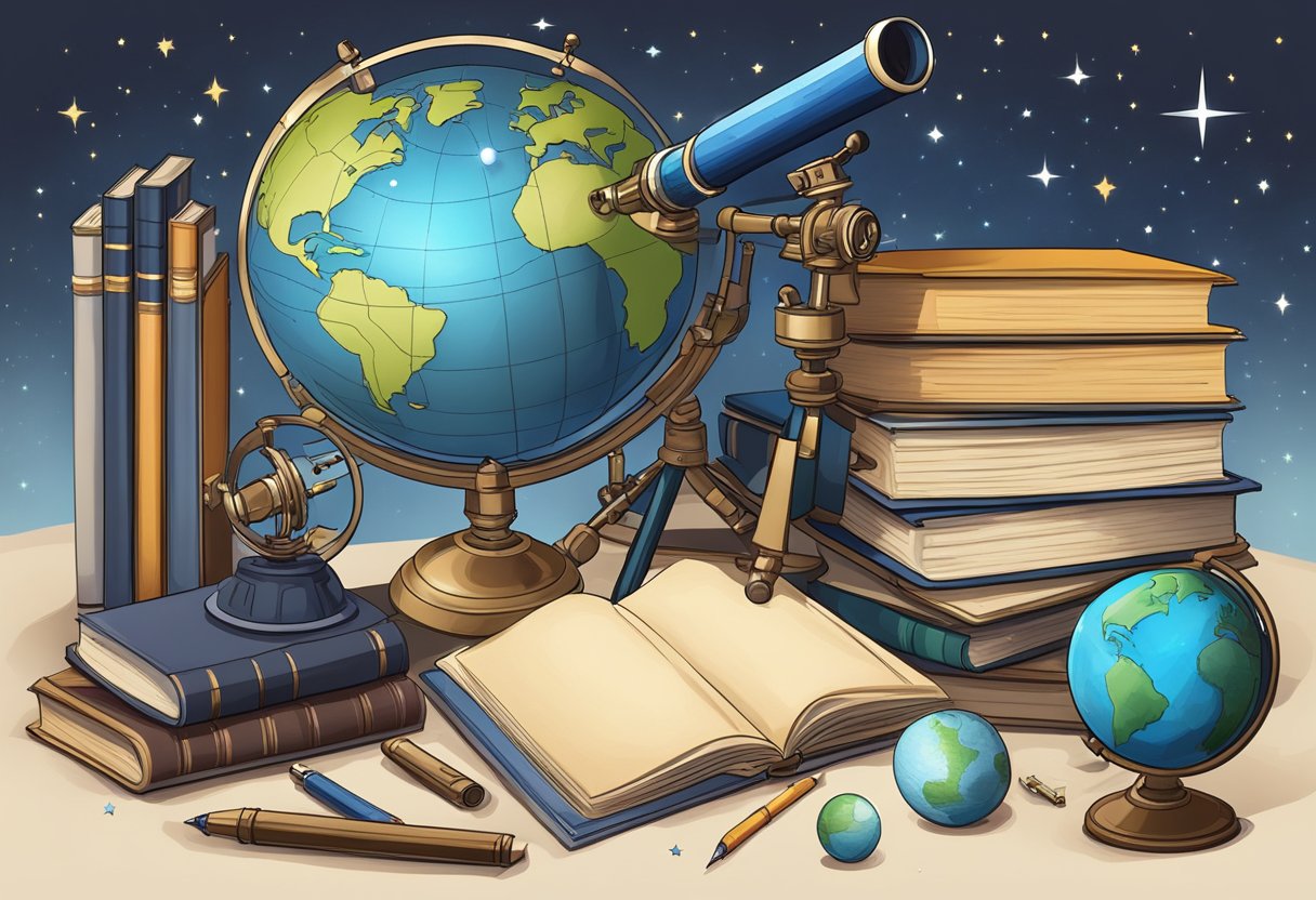 Teaching astronomy basics: A stack of astronomy books surrounded by a telescope, star charts, and a globe, with a notebook and pen nearby