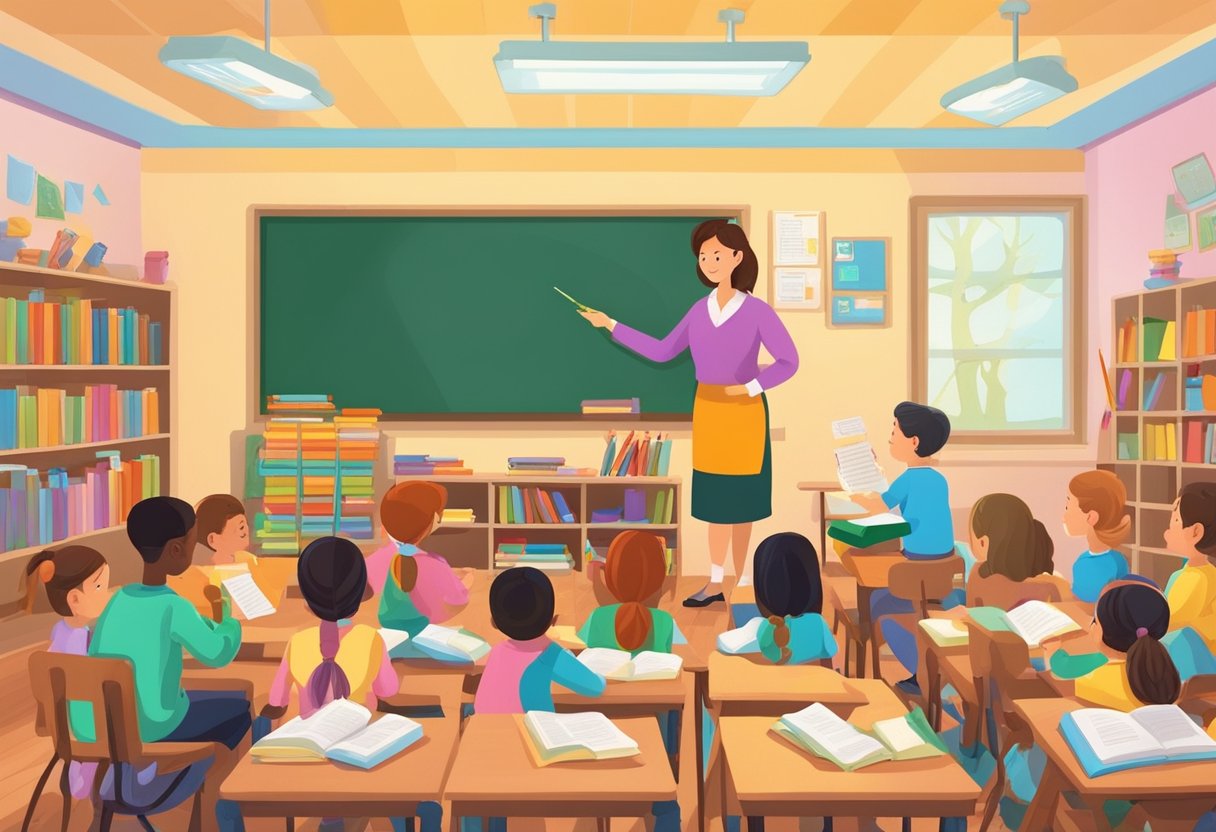 Guide to Teaching Poetry and Rhymes: Sparking Creativity Poetry and rhymes,poetry LearningMole Teaching poetry and Rhymes: A colorful classroom with children gathered around a teacher, surrounded by books, paper, and pencils. A chalkboard displays various rhymes and poems