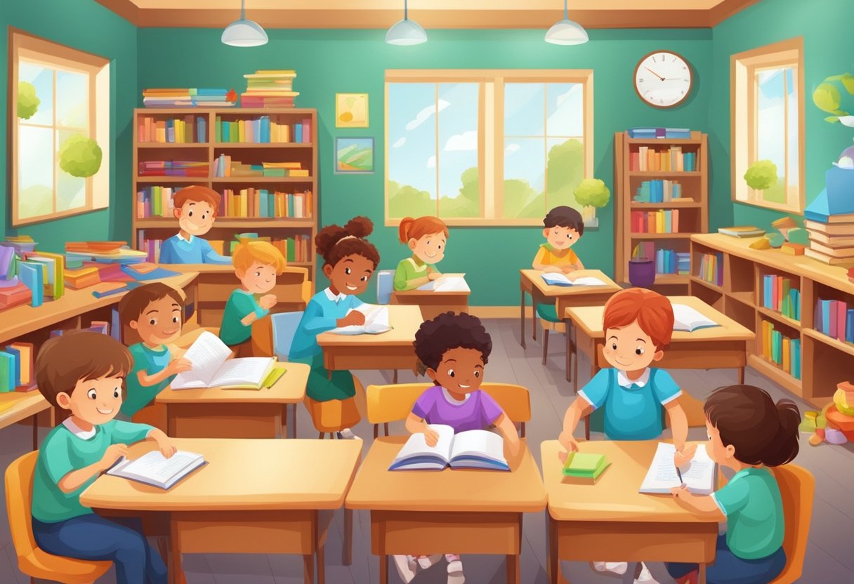 Guide to Teaching Poetry and Rhymes: Sparking Creativity Poetry and rhymes,poetry LearningMole Teaching poetry and Rhymes: A colorful classroom with children engaged in reciting and writing poetry and rhymes, surrounded by books and educational materials