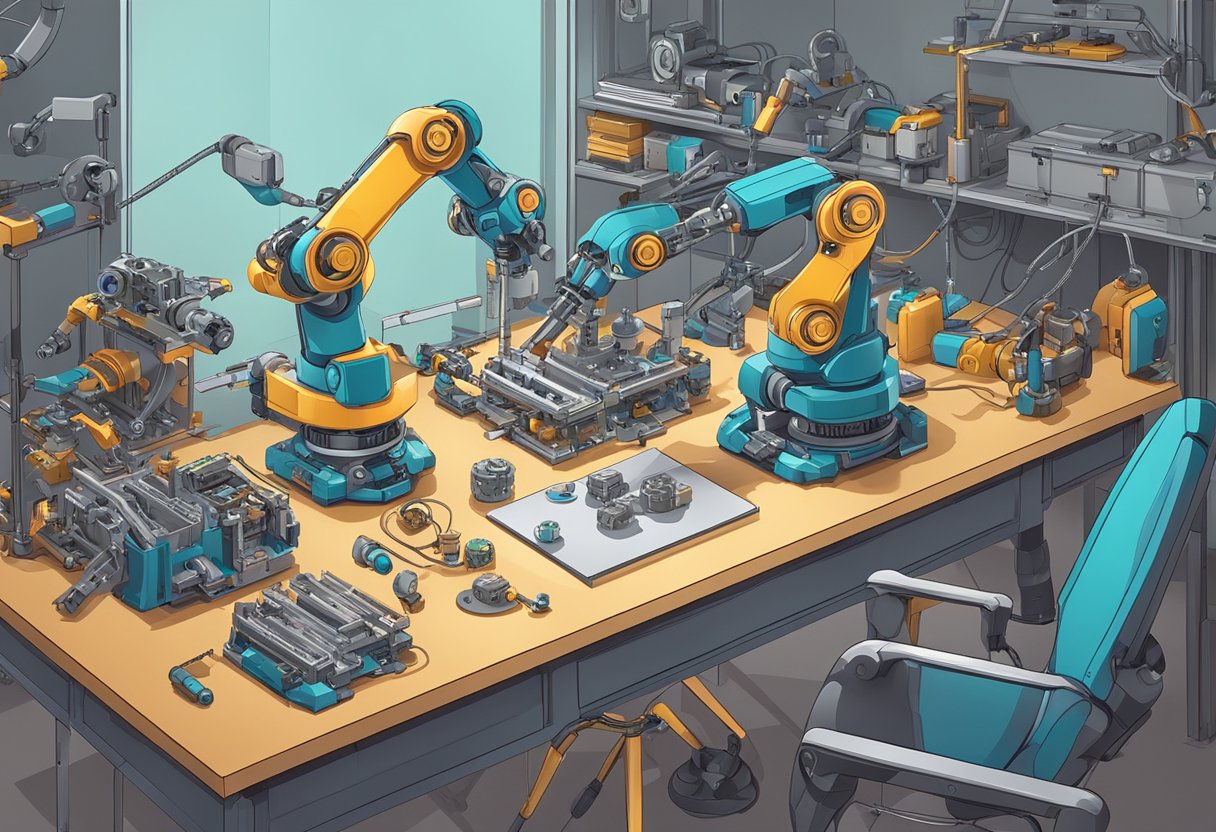 Guide to Teaching Robotics Introduction: Inspiring Young Minds Teaching Robotics,AI,artificial intelligence LearningMole Teaching Robotics Introduction: A robot arm assembling a robotic kit with various components and tools scattered on a workbench