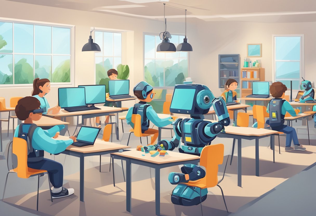 Guide to Teaching Robotics Introduction: Inspiring Young Minds Teaching Robotics,AI,artificial intelligence LearningMole Teaching Robotics Introduction: A classroom with students building and programming robots, surrounded by educational materials on STEM and robotics
