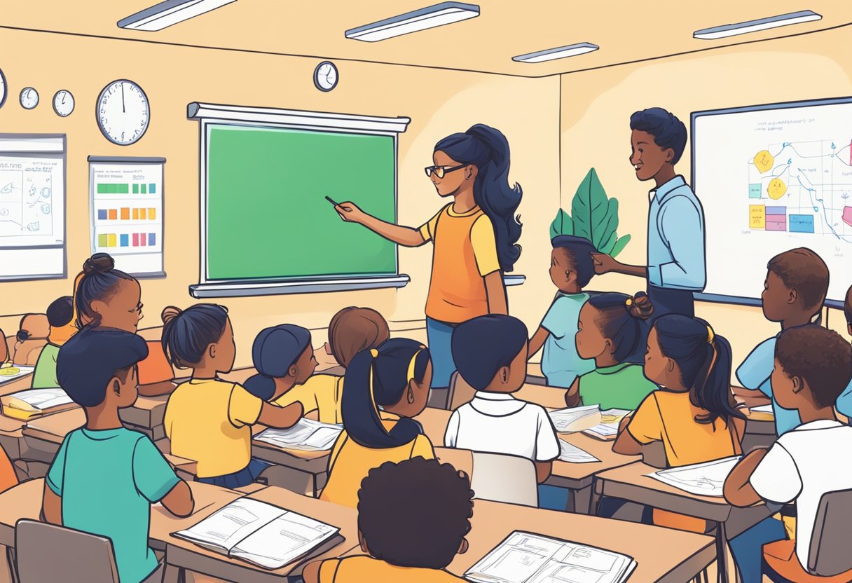 A classroom with a whiteboard filled with visual representations of fractions and decimals, surrounded by students engaged in hands-on activities and discussions