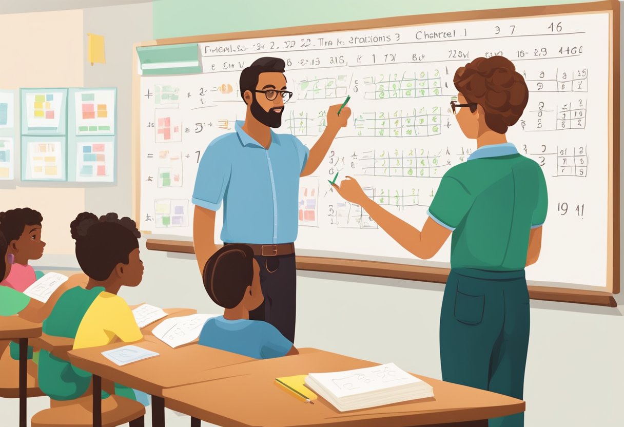 A teacher at a chalkboard, explaining fractions and decimals with visual aids and examples. A group of students watch and take notes