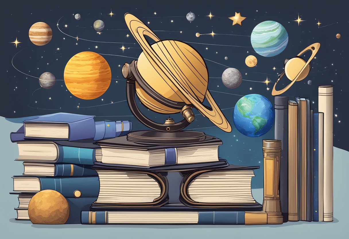 Astronomy: A stack of astronomy books surrounded by a telescope, star charts, and a model solar system