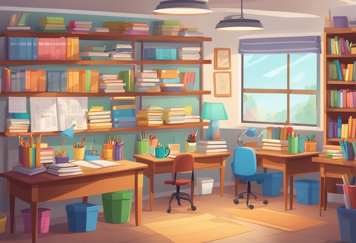 Guide to Teaching Creative Writing: Spark Your Students' Imagination Today Creative Writing,writing skill LearningMole Creative Writing: A cozy classroom with colorful posters, bookshelves filled with writing resources, and a large table with writing supplies ready for students