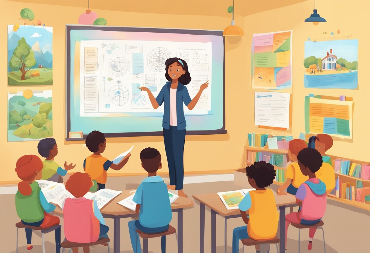 Guide to Teaching Poetry and Rhymes: Inspiring Young Minds with Verse Poetry and Rhymes,poetry LearningMole Poetry and Rhymes: A cozy classroom with children sitting in a circle, surrounded by colorful posters of different types of poetry and rhymes. A teacher stands at the front, pointing to a large chart with examples of different poetic structures