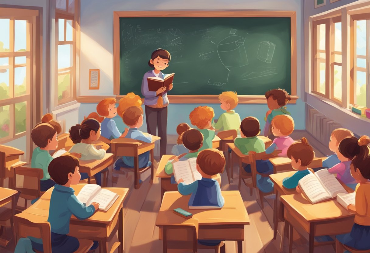 Guide to Teaching Poetry and Rhymes: Inspiring Young Minds with Verse Poetry and Rhymes,poetry LearningMole Poetry and Rhymes: A cozy classroom with open books, a chalkboard, and colorful posters on the walls, surrounded by the sound of children reciting poetry and rhymes