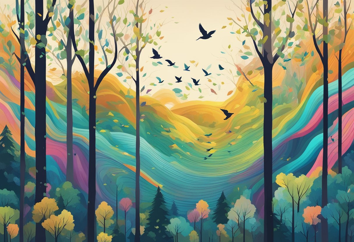 Guide to Teaching Poetry and Rhymes: Inspiring Young Minds with Verse Poetry and Rhymes,poetry LearningMole Poetry and Rhymes: A colorful sound wave flowing through a forest of tall, swirling trees, with birds perched on branches singing in harmony