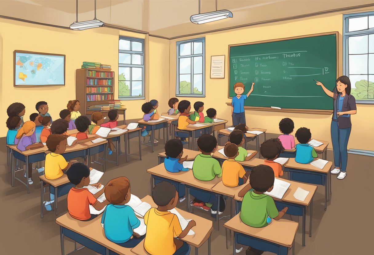 Guide to Teaching Poetry and Rhymes: Inspiring Young Minds with Verse Poetry and Rhymes,poetry LearningMole Poetry and Rhymes: A classroom with a teacher at the front, surrounded by students, pointing to a blackboard filled with examples of poetry and rhymes