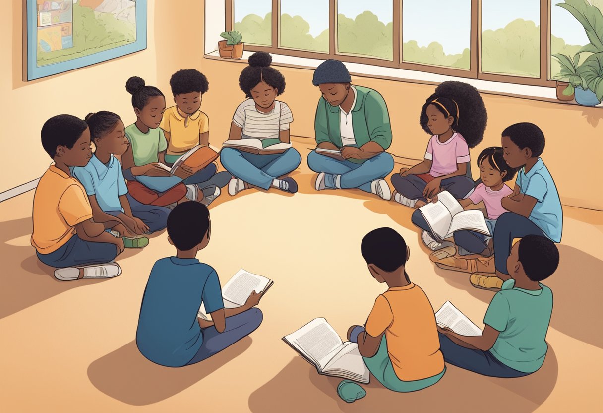 Guide to Teaching Poetry and Rhymes: Inspiring Young Minds with Verse Poetry and Rhymes,poetry LearningMole Poetry and Rhymes: A diverse group of children and adults sit in a circle, reading and discussing poetry books together. A teacher points to different sections of the poem, while the others listen attentively