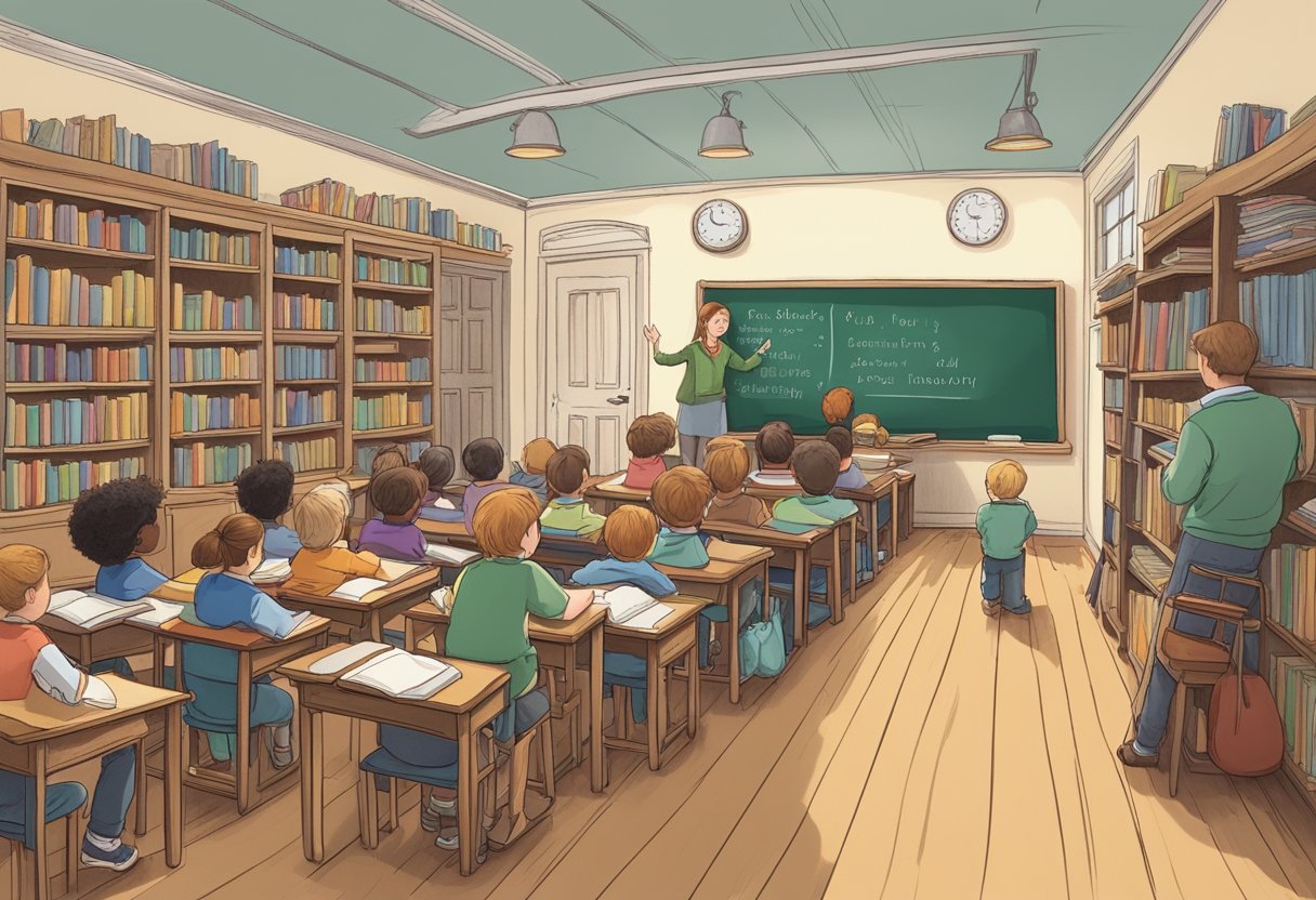 Guide to Teaching Poetry and Rhymes: Inspiring Young Minds with Verse Poetry and Rhymes,poetry LearningMole Poetry and Rhymes: A cozy classroom with shelves of poetry books, a chalkboard with rhymes written on it, and students eagerly listening to the teacher's animated storytelling