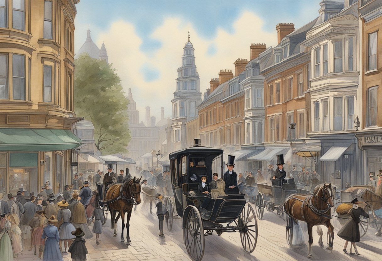British History for Kids: A Fun Journey Through Time British History,Industrial Revolution,British Empire,Medieval England,history,Norman LearningMole A bustling Victorian street with horse-drawn carriages, gas street lamps, and people in top hats and long dresses