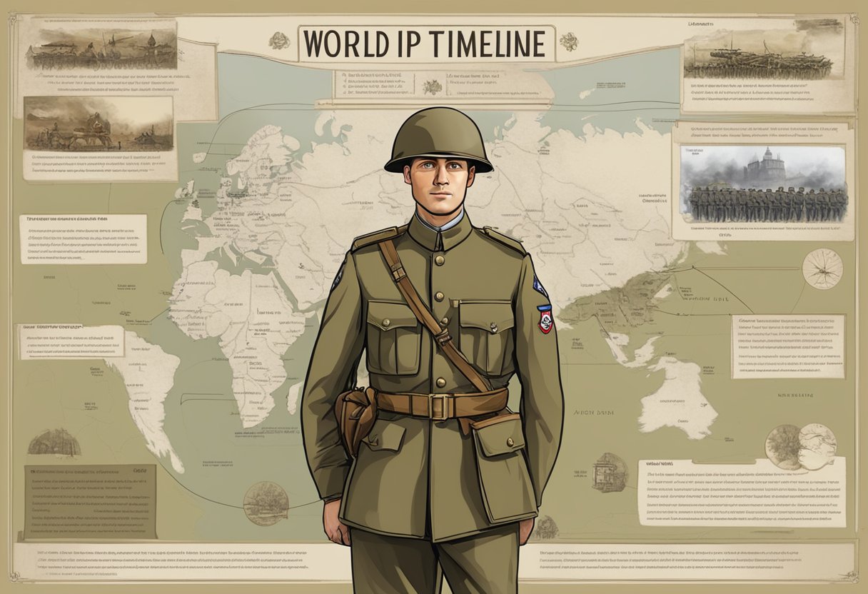 British History for Kids: A Fun Journey Through Time British History,Industrial Revolution,British Empire,Medieval England,history,Norman LearningMole A British soldier in uniform, standing in front of a World War I and World War II timeline, with key events and battles depicted