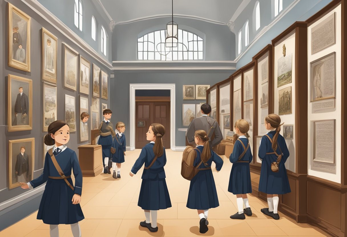 British History for Kids: A Fun Journey Through Time British History,Industrial Revolution,British Empire,Medieval England,history,Norman LearningMole A group of children in school uniforms exploring a museum exhibit on British history, with artifacts and images depicting cultural impact and legacy