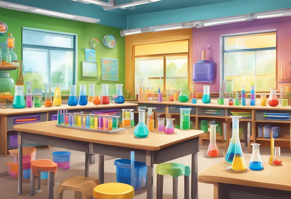 Amazing Science Experiments That Inspire Australian Primary Kids primary science experiments,science experiment,experiments LearningMole A colorful classroom with beakers, test tubes, and science equipment set up on tables, ready for primary science experiments in Australia